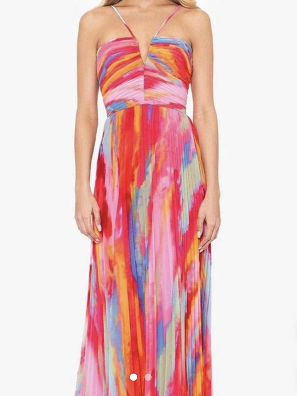 Xscape Vibrant Watercolor Pleated Maxi Dress in Pink, Red & Blue